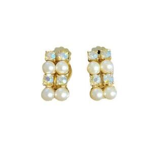 Vintage Clip On Earrings Gems Faux Pearl's Rectangle Shape